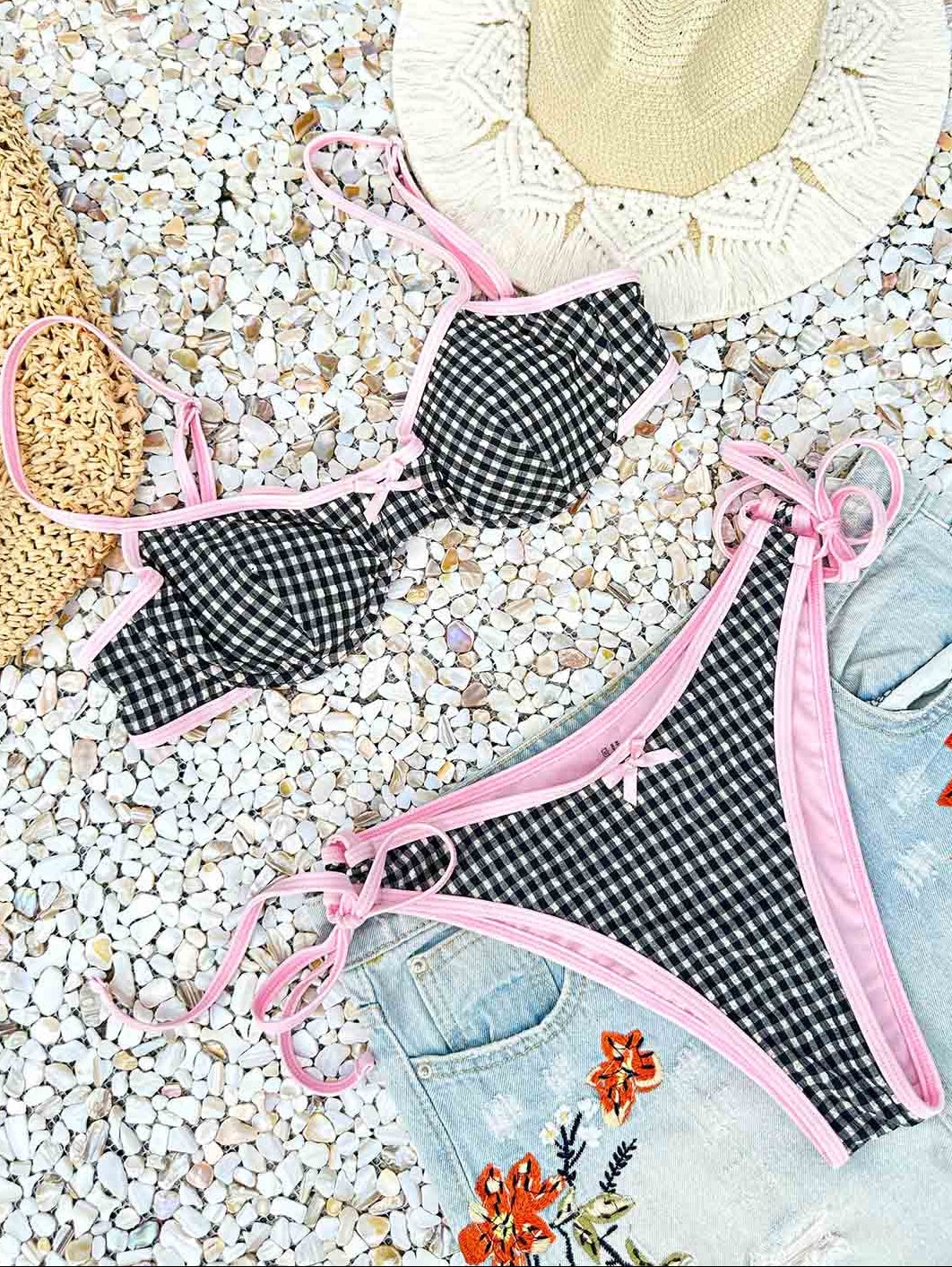 Seamolly Gingham Textured Contrast Binding Bowknot  Underwire Bikini Set