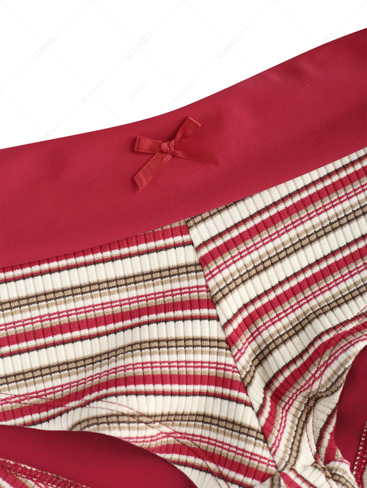 Seamolly Y2K Striped Ribbed Push Up Top & Fold Over Cheeky Boyshorts Bikini Set