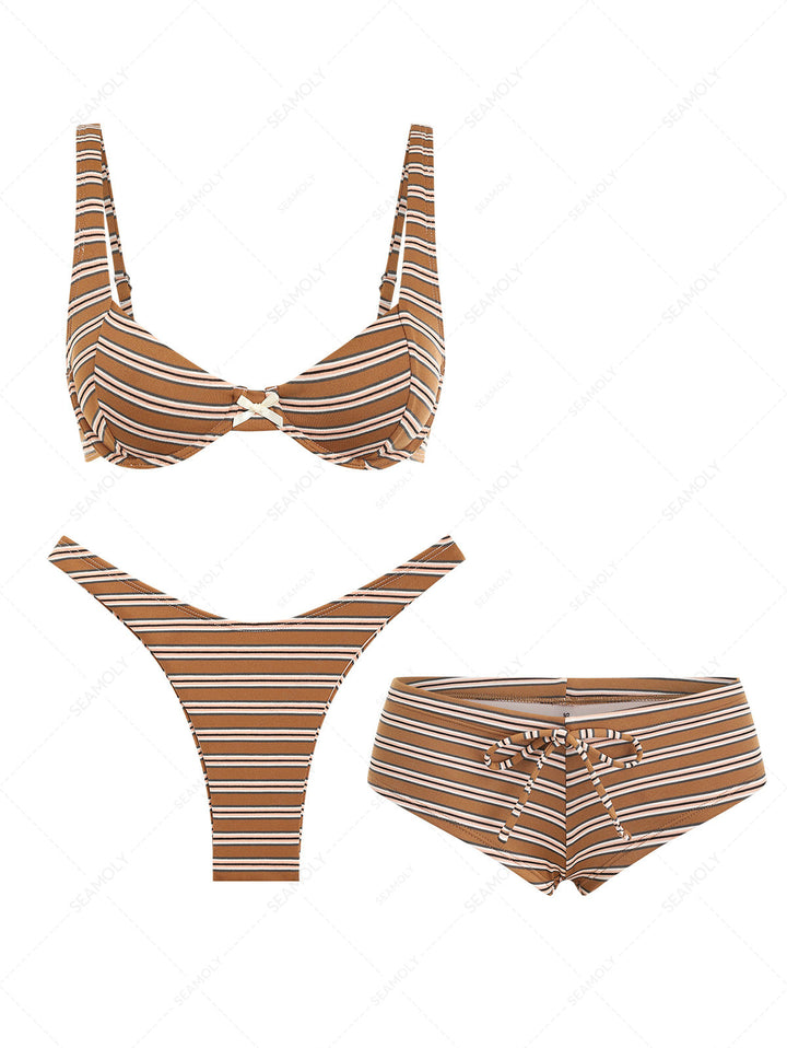 Seamolly 3 Piece Striped Bowknot Underwire Balconette Cheeky Boyshort Bikini Set