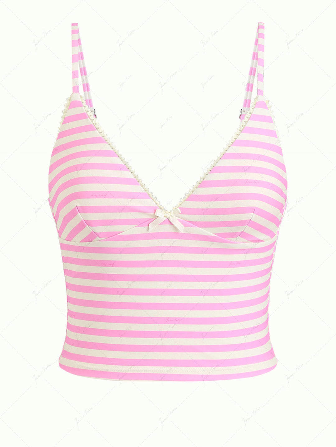 Light Pink Striped Lace Bowknot Plunging Neck Tankini Top