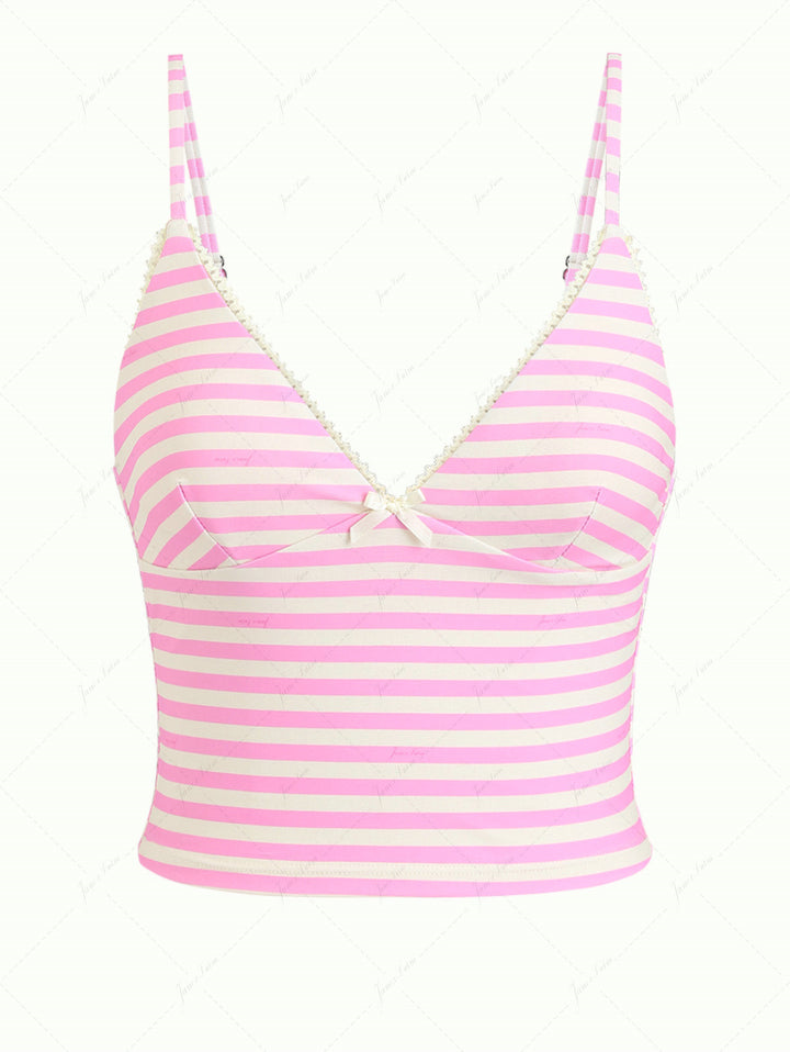 Light Pink Striped Lace Bowknot Plunging Neck Tankini Top