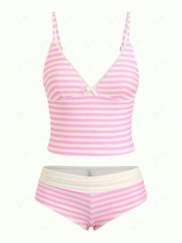 Light Pink Striped Lace Bowknot halter Cheeky Boyshorts Tankini Set