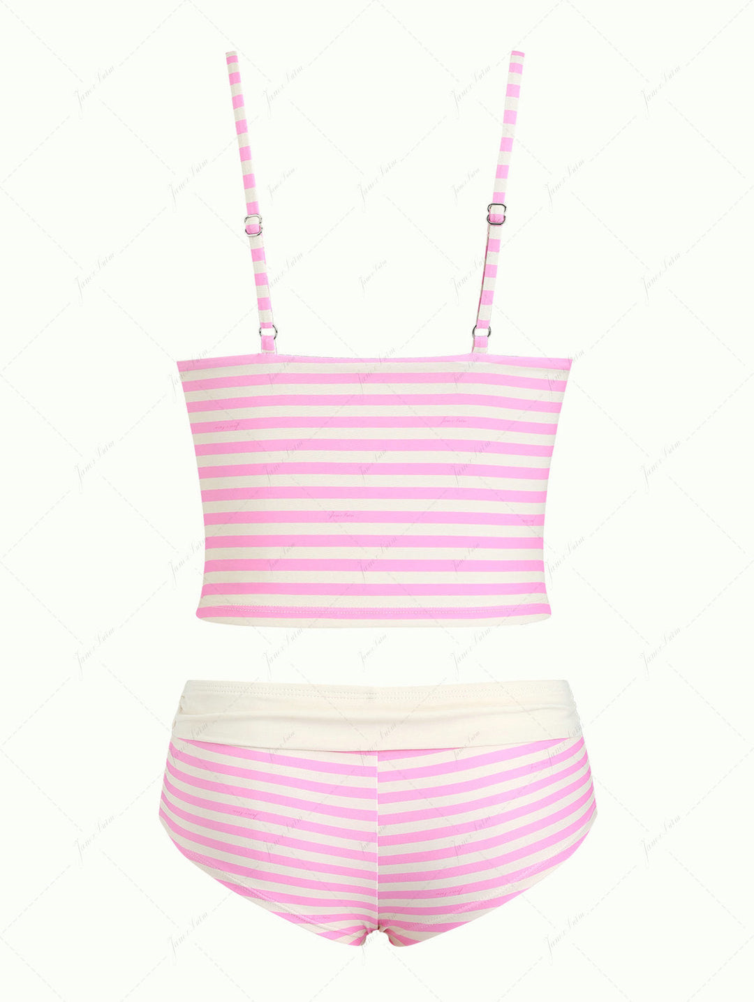 Light Pink Striped Lace Bowknot halter Cheeky Boyshorts Tankini Set