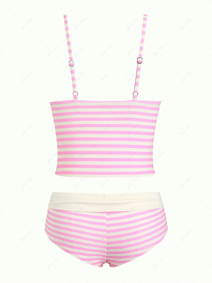 Light Pink Striped Lace Bowknot halter Cheeky Boyshorts Tankini Set
