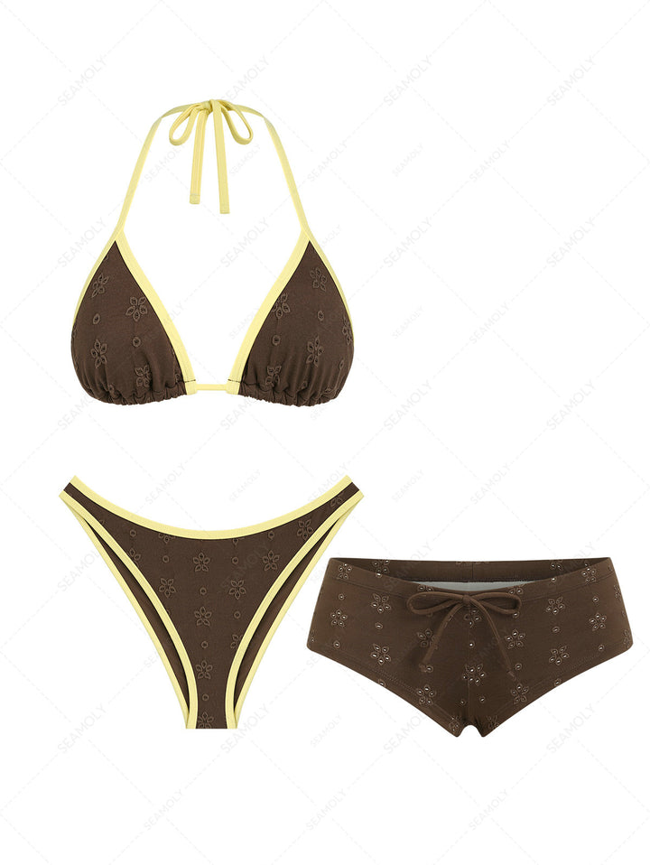 Seamolly 3 Piece Recycled Fabric Jacquard Contrast Binding Cheeky Boyshort Bikini Set