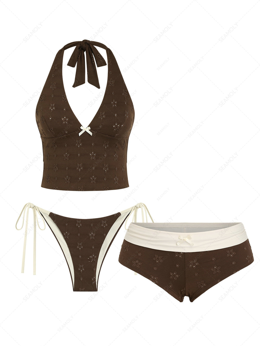 Seamolly 3 Piece Recycled Fabric Jacquard Halter Brazilian Cheeky Boyshort Tankini Set