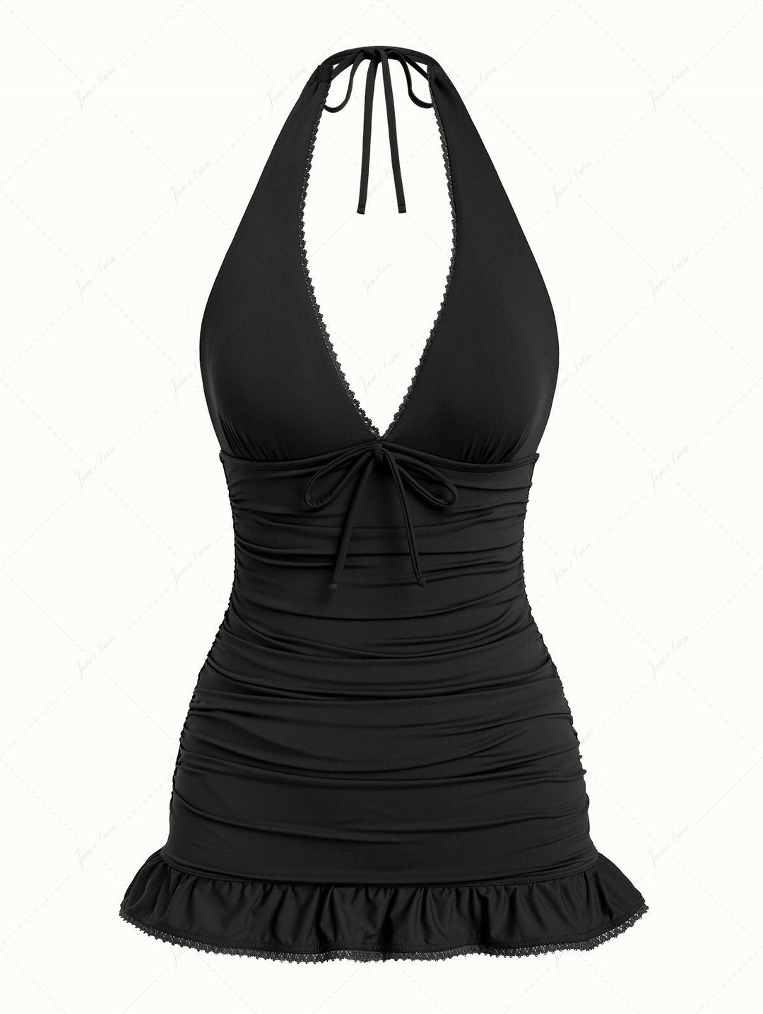 Black Solid Color Ruched Ruffles Halter Tied Skirted One-piece Swimsuit Black / M Swimsuits Swimwear Bathing Suits Black Solid Color Ruched Ruffles Halter Tied Skirted One-piece Swimsuit Black / M Swimsuits Swimwear Bathing Suits