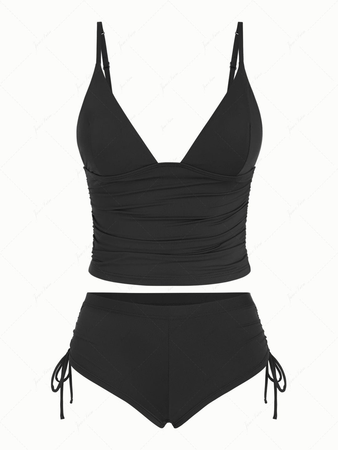 Black Solid Color Ruched Plunging Neck Cinched Cheeky Boyshorts Tankini Set