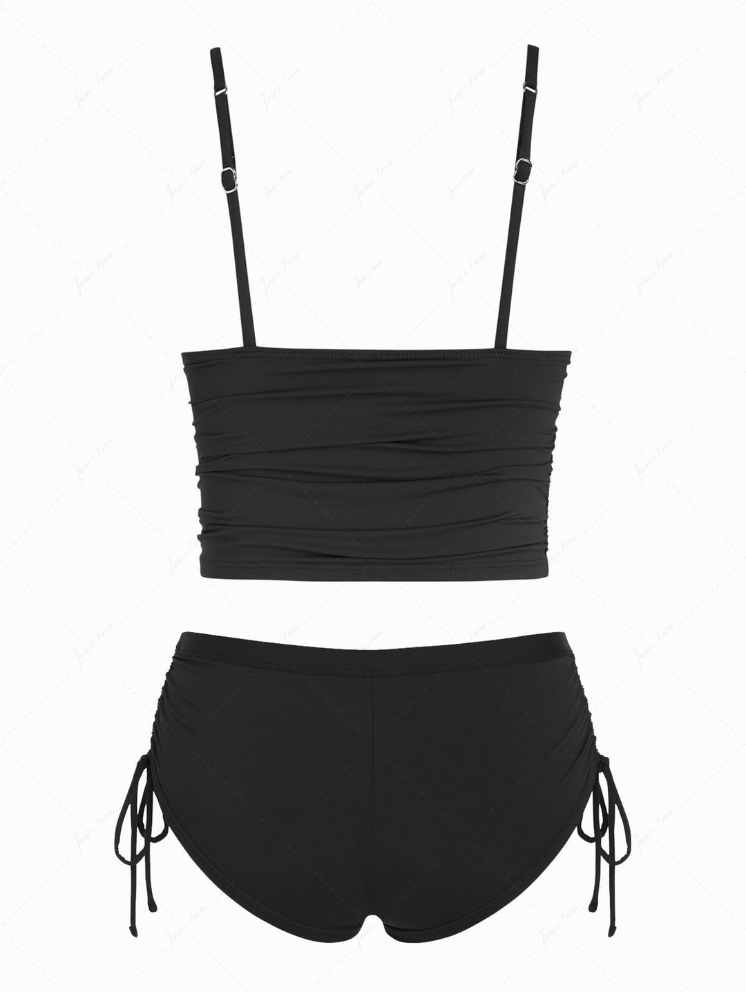 Black Solid Color Ruched Plunging Neck Cinched Cheeky Boyshorts Tankini Set