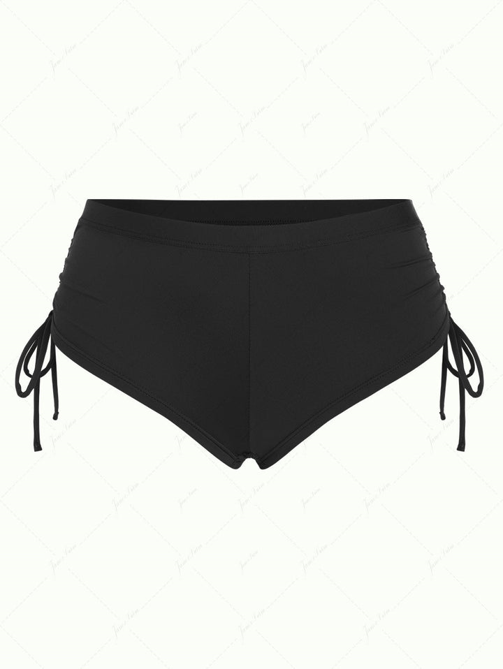 Black Solid Color Cinched Side Bikini Bottom Cheeky Swim Boyshorts