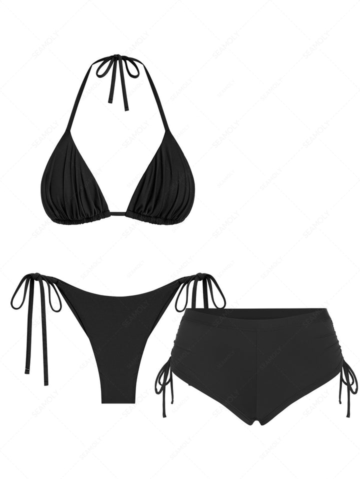 Seamolly 3 Piece Solid Color Ruched Triangle Brazilian Cinched Cheeky Boyshort Bikini Set