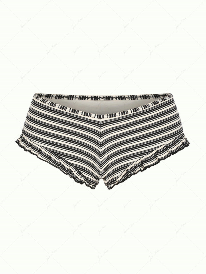 Black Knit Striped Ribbed Peplum  Bikini Bottom Cheeky Swim Boyshorts