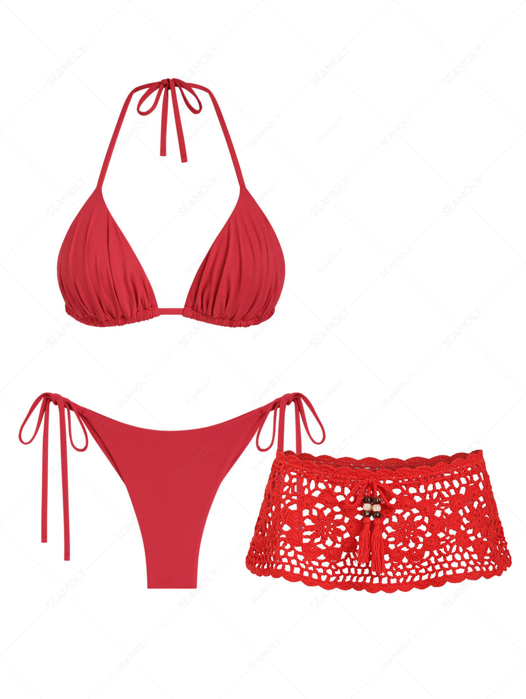 Seamolly 3 Piece Swimsuit - Ruched Halter Triangle Cheeky Brazilian Bikini Set & Crochet Skirt Cover Up