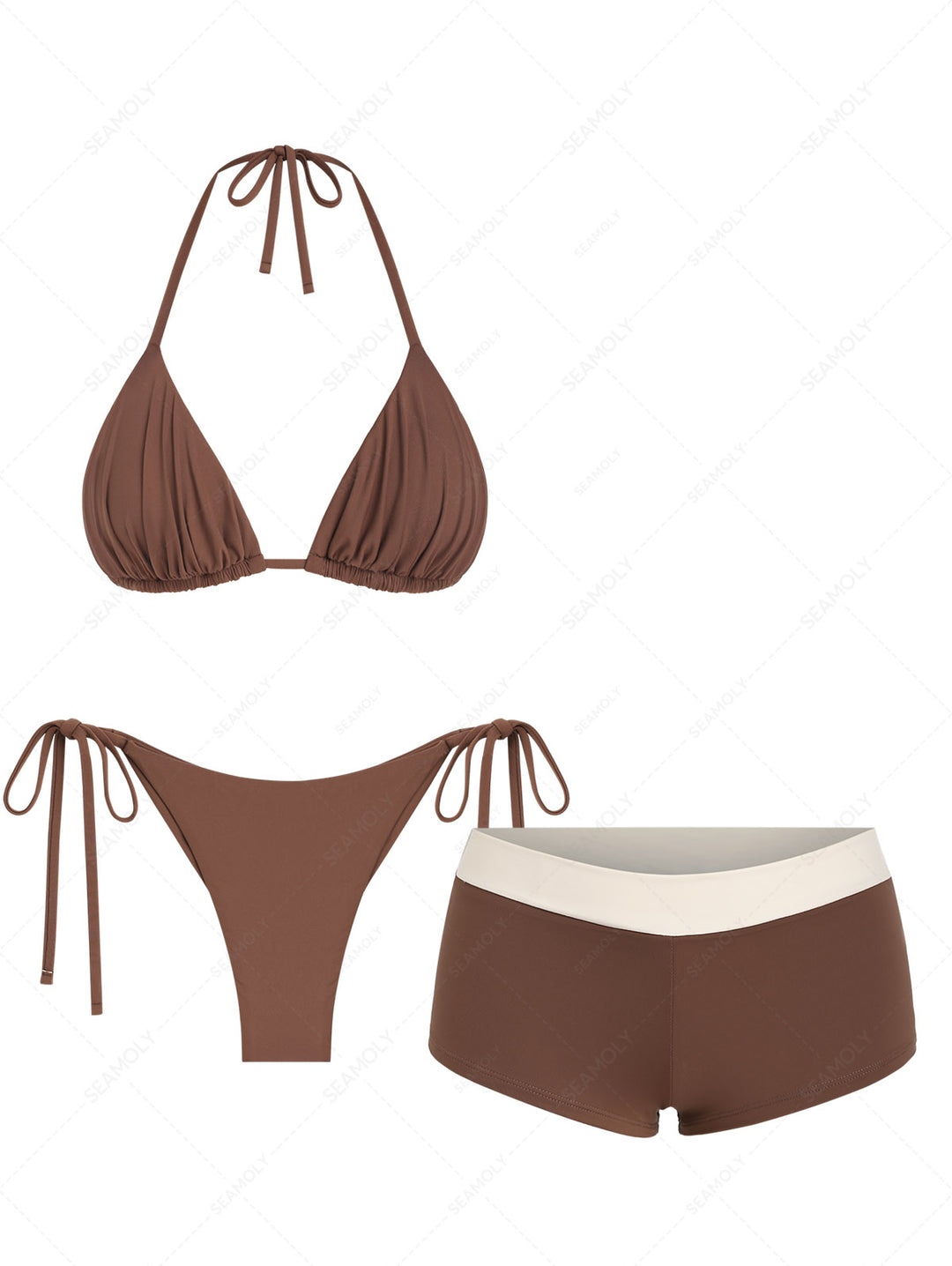 Seamolly 3 Piece Ruched Halter Triangle Brazilian Cheeky Boyshort Bikini Set