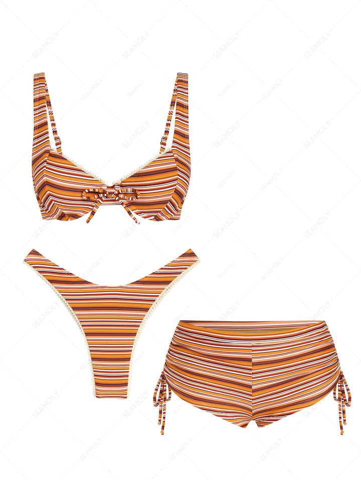 Seamolly 3 Piece Striped Lace Bowknot Underwire Cinched Boyshort Bikini Set