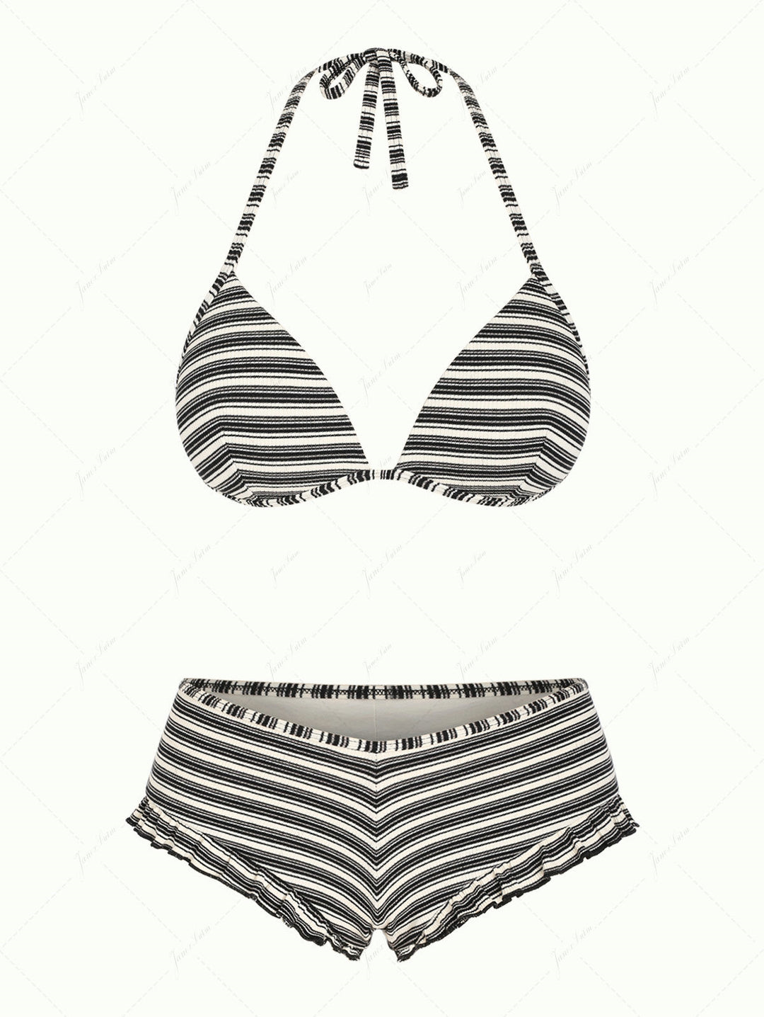 Janex Black Knit Striped Ribbed Triangle Push Up Top & Cheeky Boyshort Bikini Set