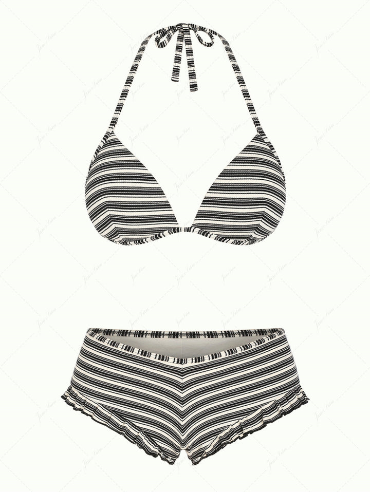 Janex Black Knit Striped Ribbed Triangle Push Up Top & Cheeky Boyshort Bikini Set
