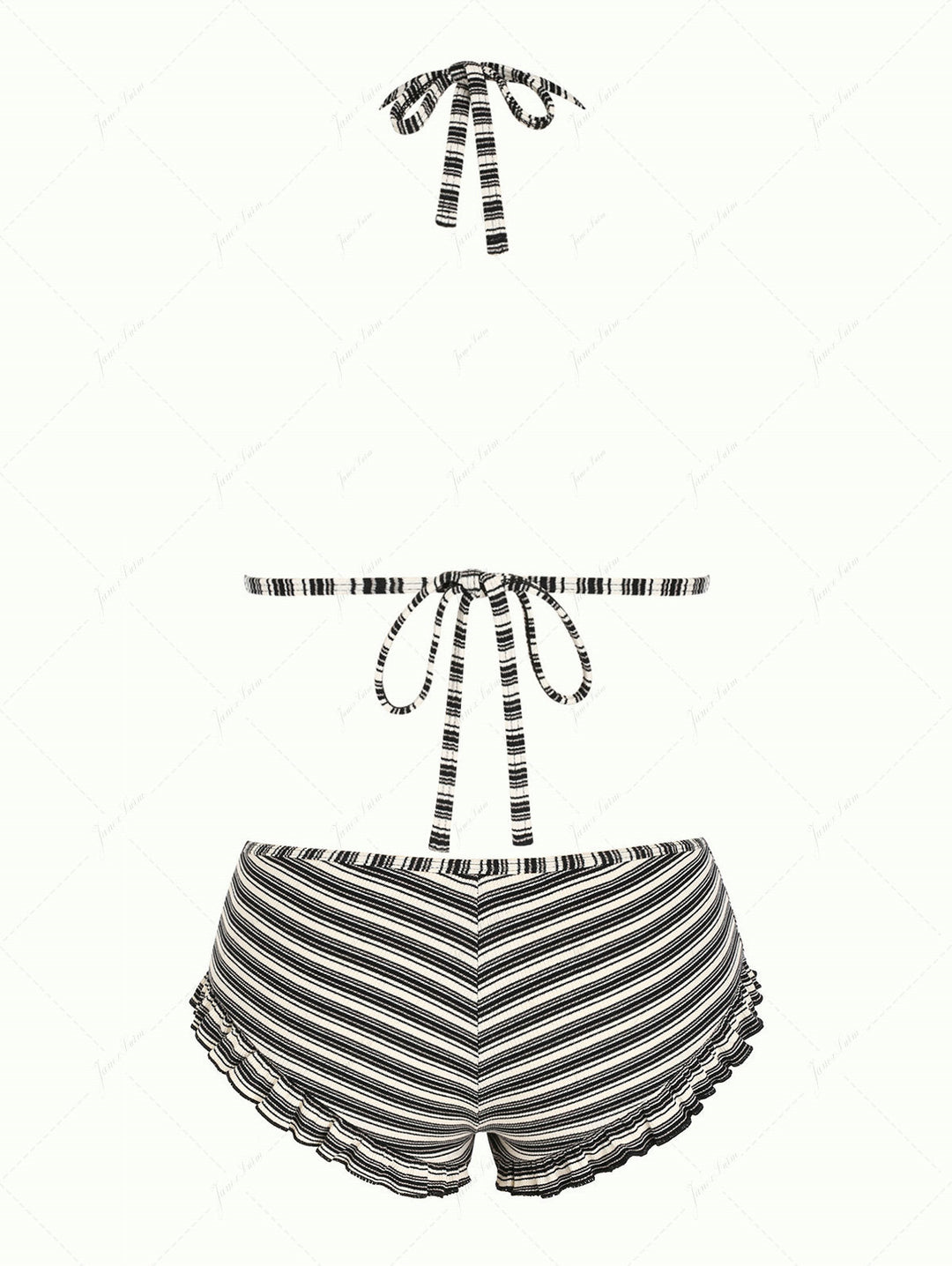 Janex Black Knit Striped Ribbed Triangle Push Up Top & Cheeky Boyshort Bikini Set
