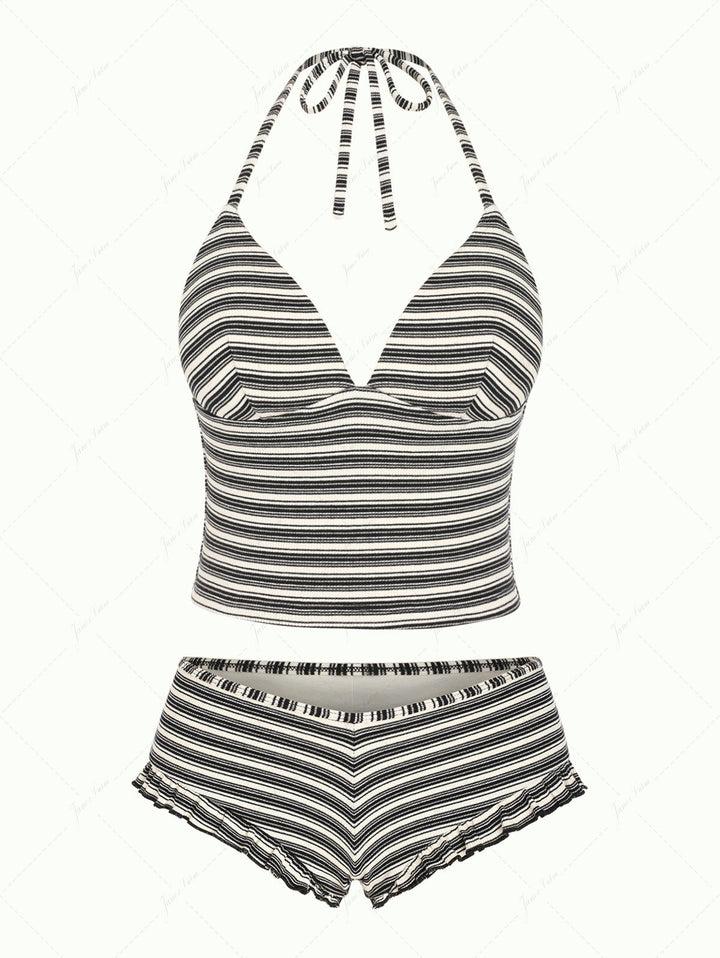 Black Knit Striped Ribbed Halter Push Up Top & Cheeky Boyshorts Tankini Set