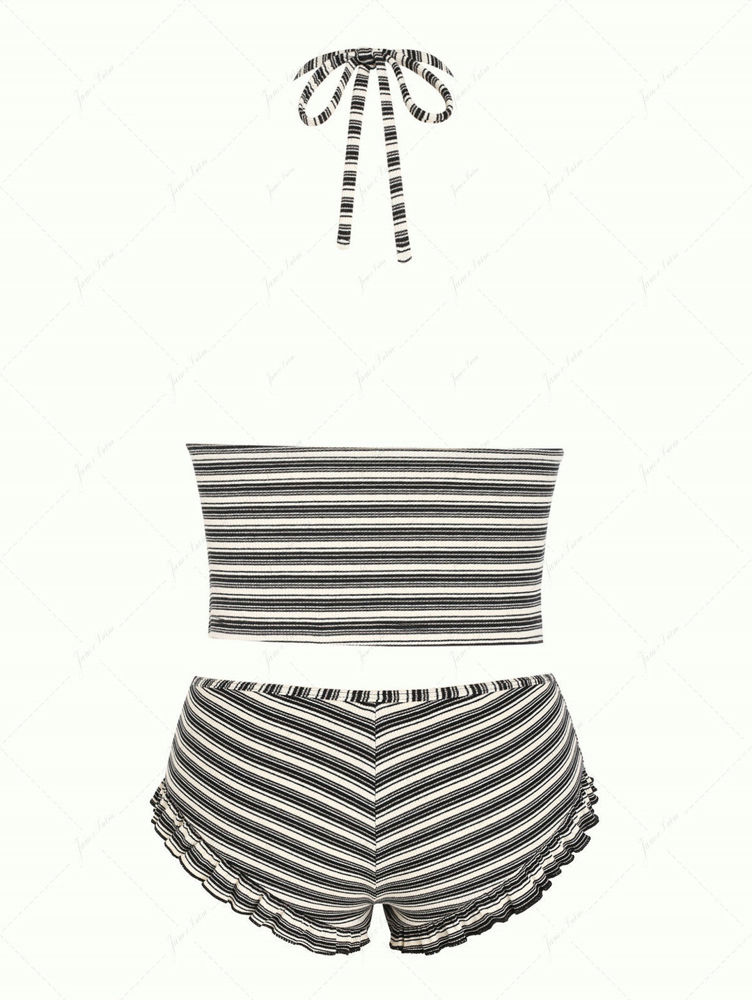 Black Knit Striped Ribbed Halter Push Up Top & Cheeky Boyshorts Tankini Set