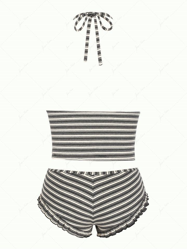 Black Knit Striped Ribbed Halter Push Up Top & Cheeky Boyshorts Tankini Set