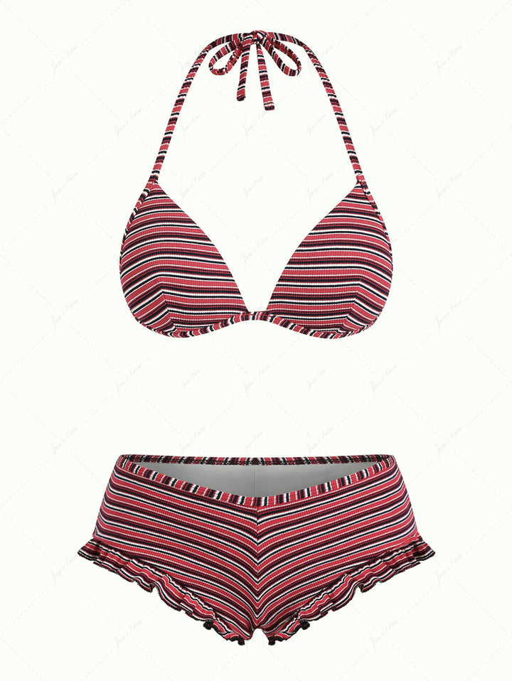 Red Knit Striped Ribbed Halter Triangle Push Up Top & Cheeky Boyshort Bikini Set