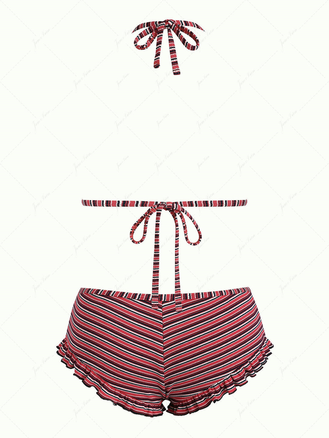 Red Knit Striped Ribbed Halter Triangle Push Up Top & Cheeky Boyshort Bikini Set