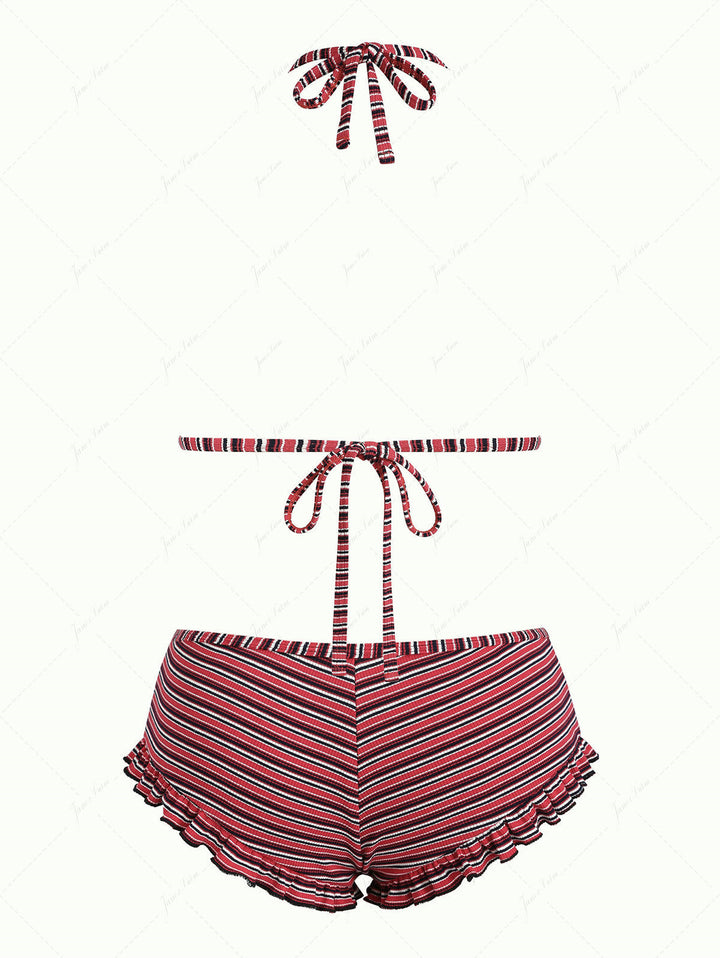 Red Knit Striped Ribbed Halter Triangle Push Up Top & Cheeky Boyshort Bikini Set