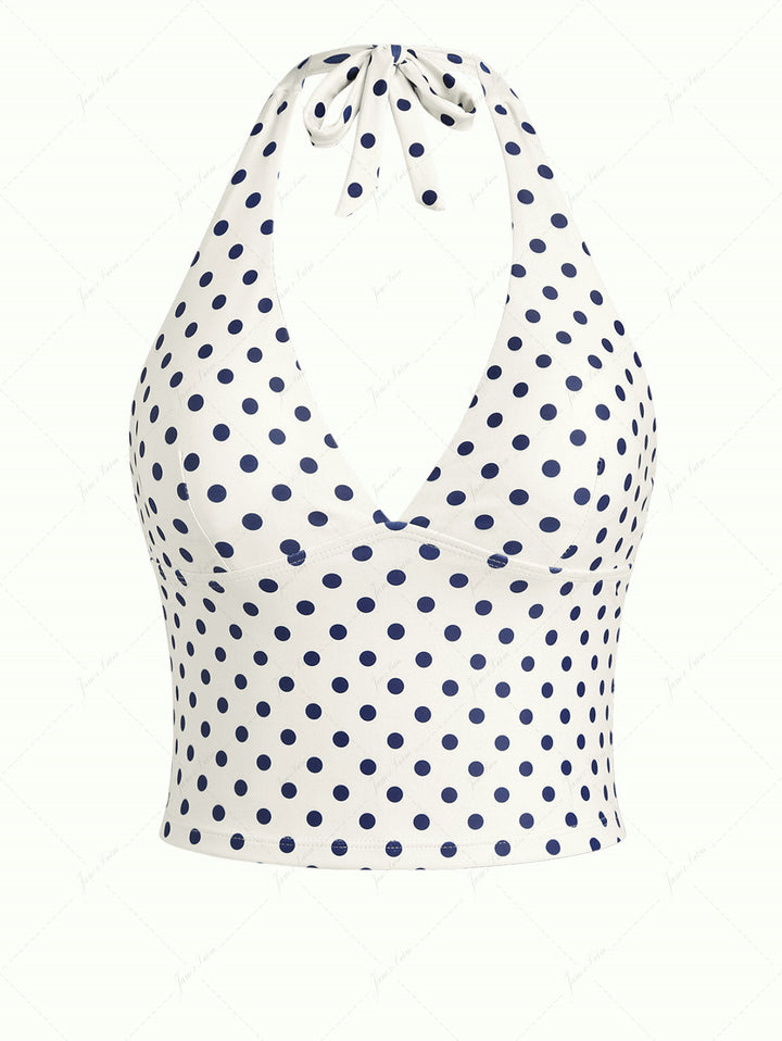 Crystal Cream Vintage Polka Dot Plunging Neck Halter Tankini Top