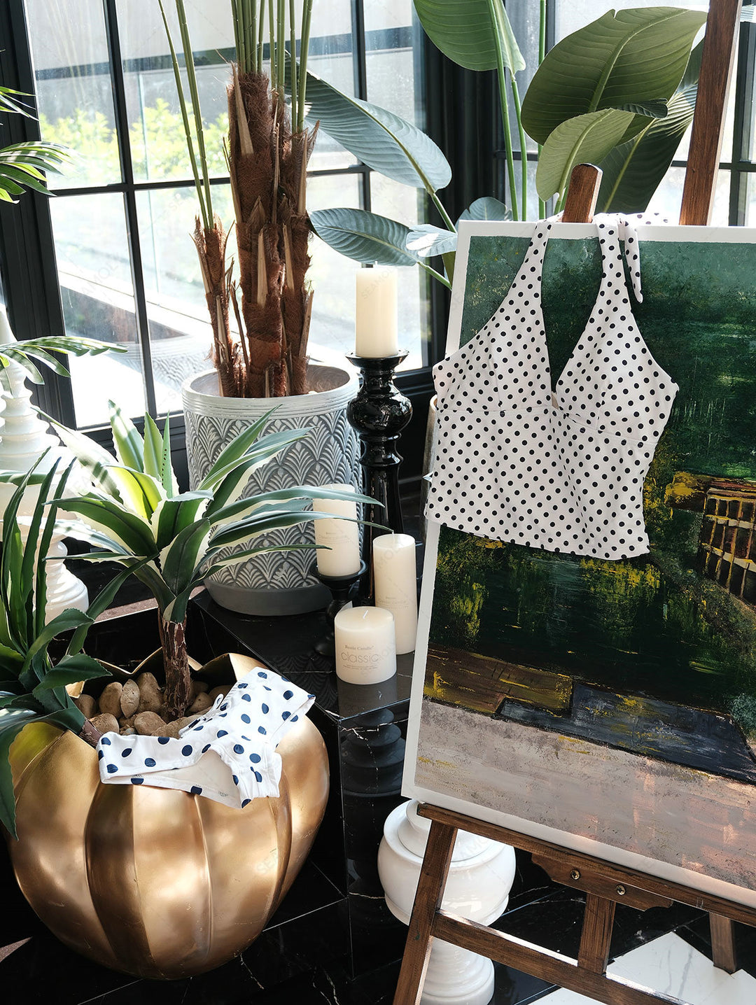 Seamolly Retro Pin-Up Vintage Polka Dot Print Plunging Neck Halter Cinched Tankini Set