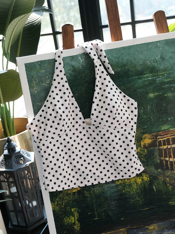 Seamolly Retro Pin-Up Vintage Polka Dot Print Plunging Neck Halter Cinched Tankini Set