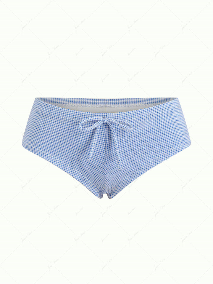 Blue Knitted Plaid Bowknot Bikini Bottom Cheeky Swim Boyshorts