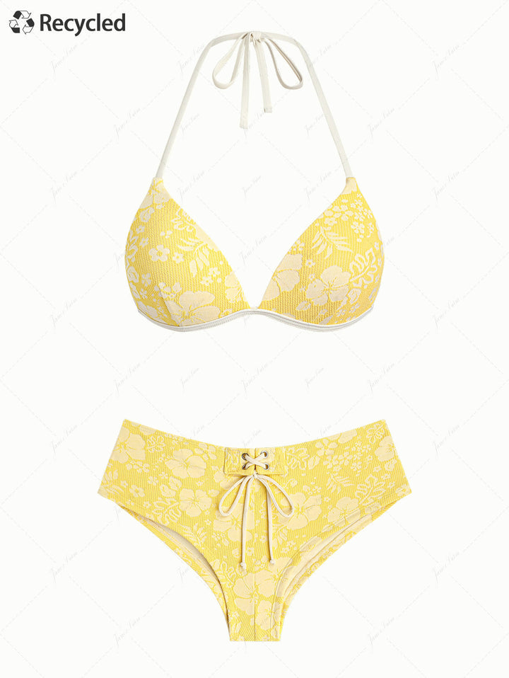 Janex Yellow Recycled Fabric Jacquard Halter Triangle Push Up Bikini Set
