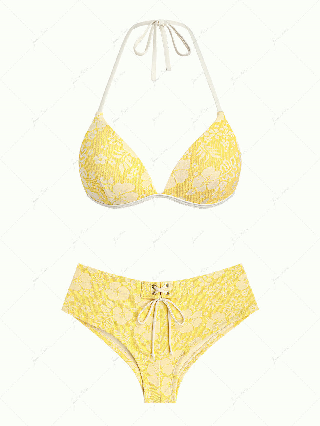 Janex Yellow Recycled Fabric Jacquard Halter Triangle Push Up Bikini Set