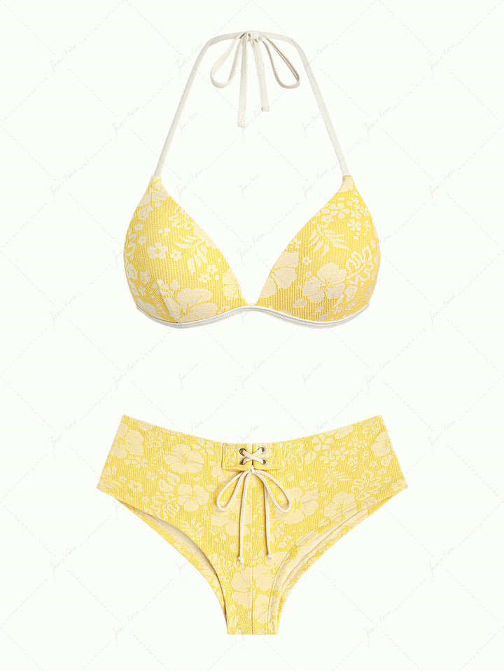 Janex Yellow Recycled Fabric Jacquard Halter Triangle Push Up Bikini Set