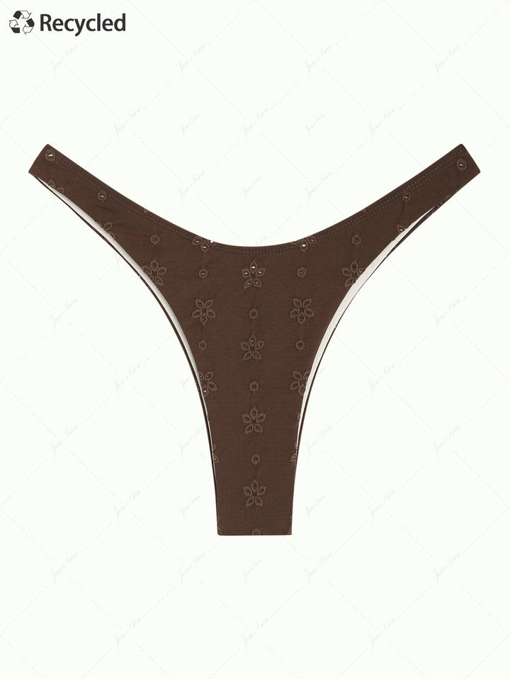 Deep Coffee Recycled Fabric Eyelet Jacquard High Cut Bikini Bottom