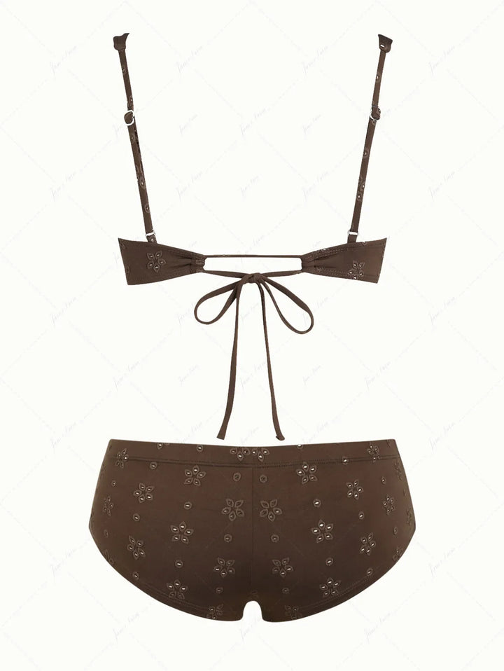 Deep Coffee Recycled Fabric Jacquard Underwire Cheeky Boyshorts Bikini Set