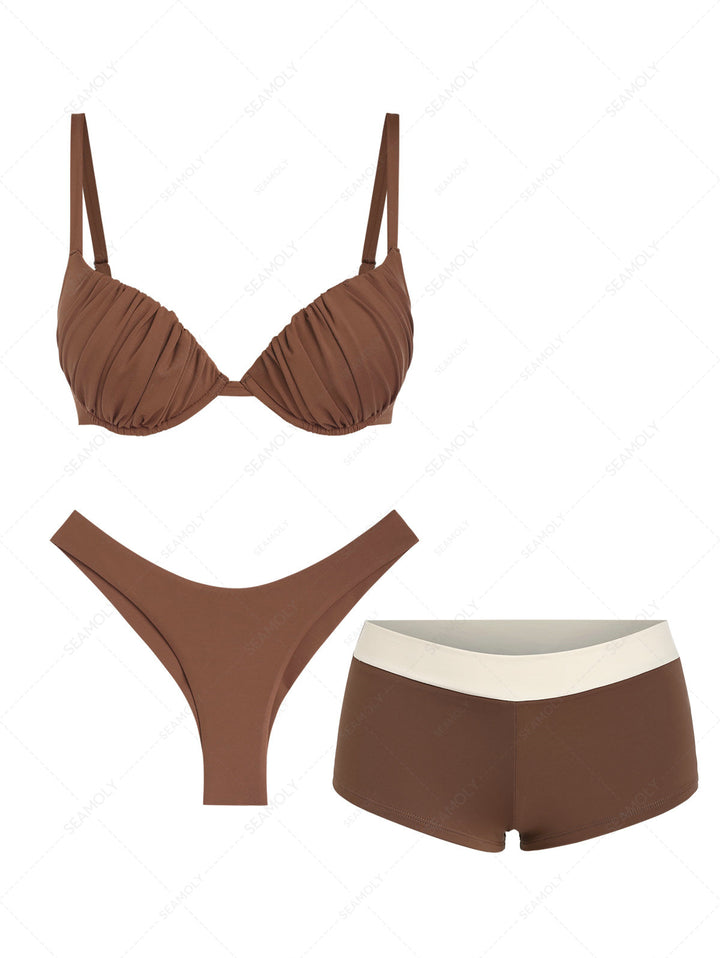 Seamolly 3 Piece Ruched Underwire Push Up Cheeky Boyshort Bikini Set