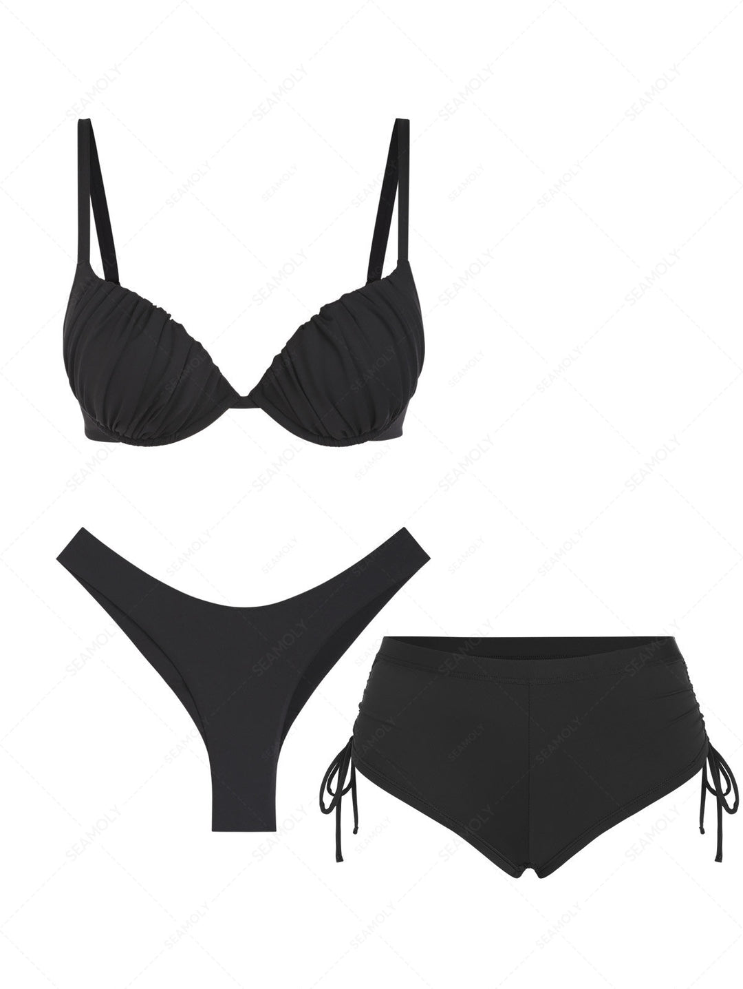 Seamolly 3 Piece Solid Color Ruched Underwire Push Up Brazilian Cheeky Boyshort Bikini Set