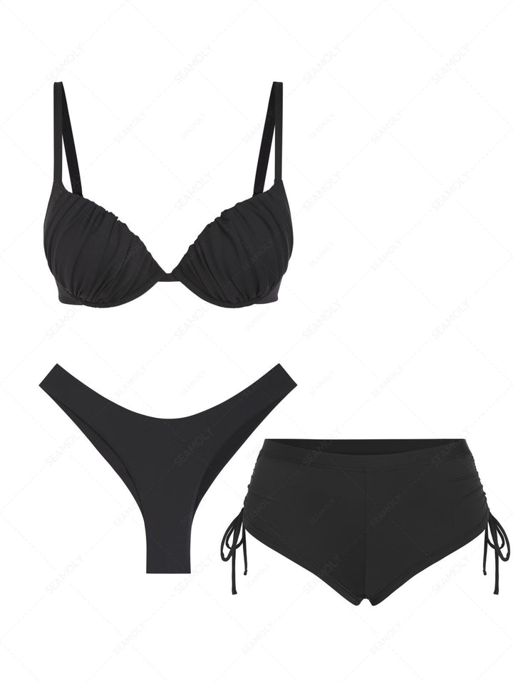 Seamolly 3 Piece Solid Color Ruched Underwire Push Up Brazilian Cheeky Boyshort Bikini Set