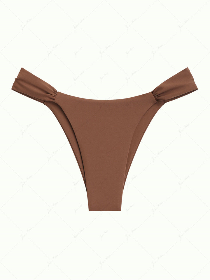 Brown Solid Color Ruched Side High Leg Bikini Bottom