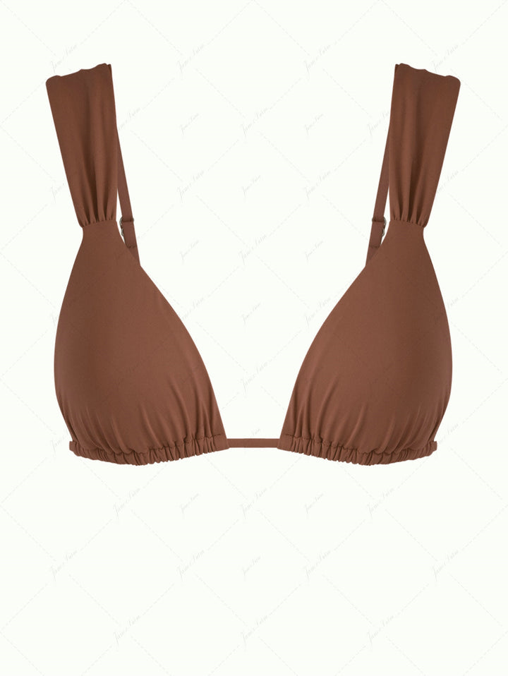 Brown Solid Color Ruched Wide Straps Triangle Bikini Top