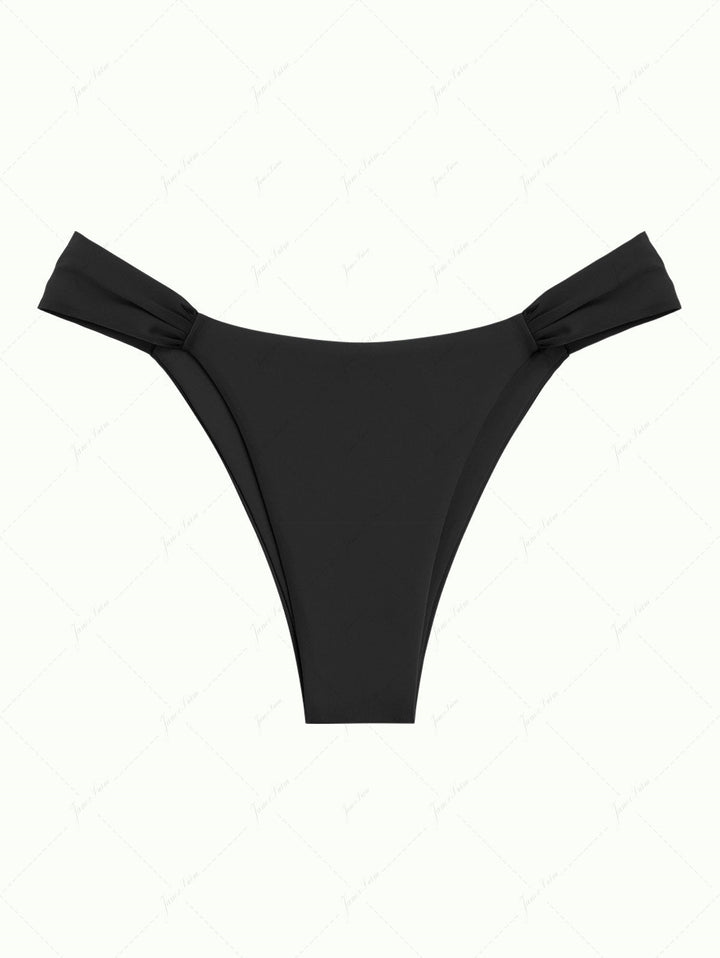 Black Solid Color Ruched Side High Leg Bikini Bottom