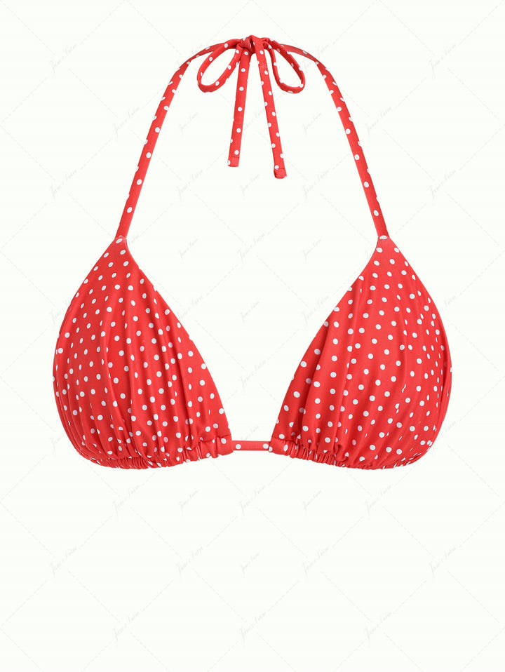 Red Polka Dot Print Ruched Halter Triangle Bikini Top