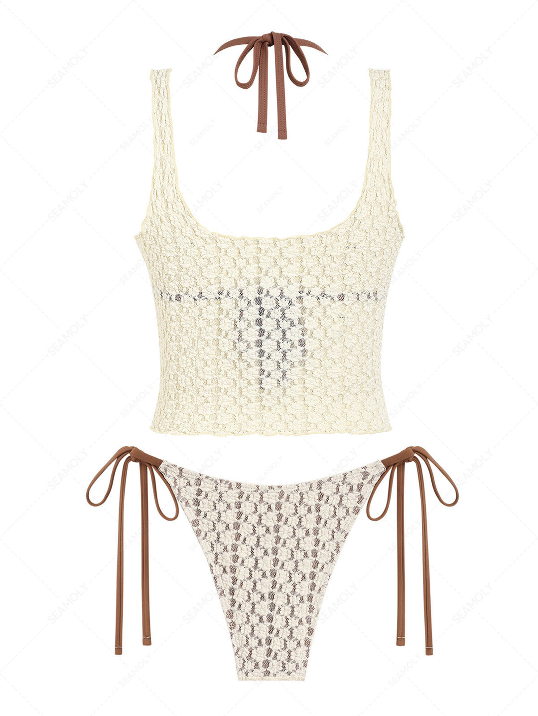 Seamolly 3 Piece Swimsuit - Lace Shell Decor Halter Triangle Bikini Set & Crop Tank Top