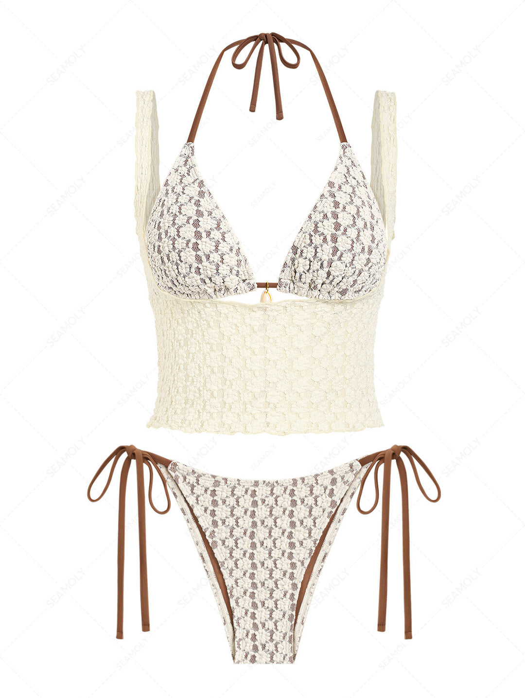Seamolly 3 Piece Swimsuit - Lace Shell Decor Halter Triangle Bikini Set & Crop Tank Top
