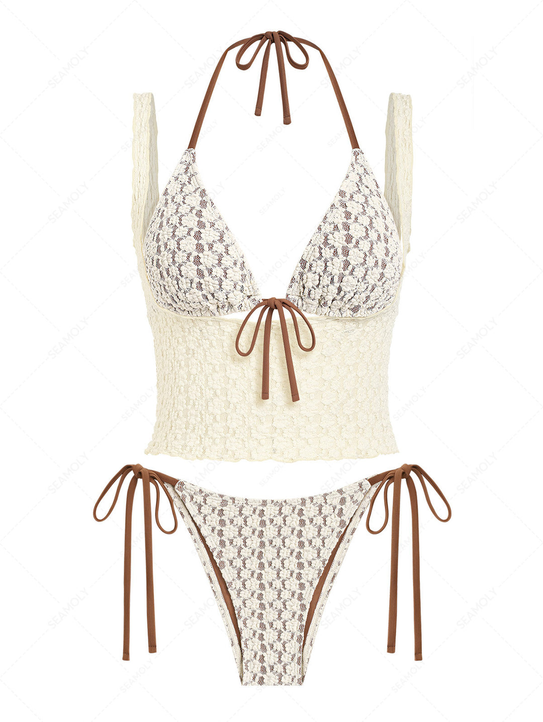 Seamolly 3 Piece Swimsuit - Lace Shell Decor Halter Triangle Bikini Set & Crop Tank Top
