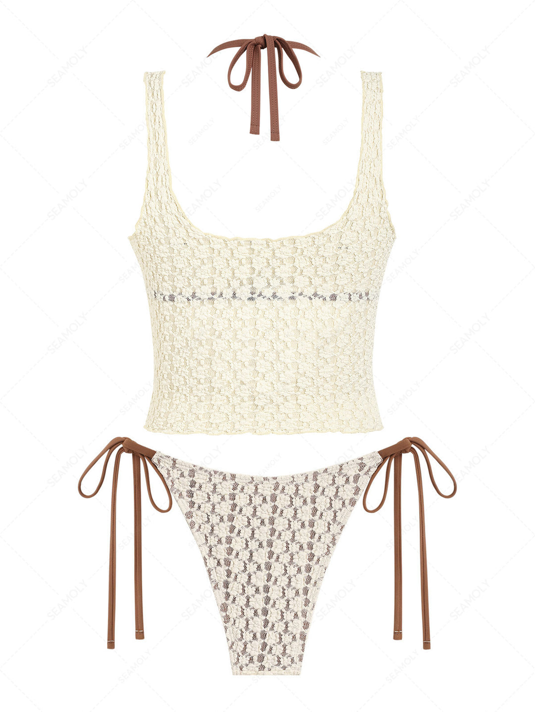Seamolly 3 Piece Swimsuit - Lace Shell Decor Halter Triangle Bikini Set & Crop Tank Top