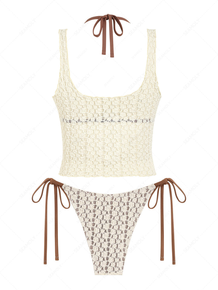 Seamolly 3 Piece Swimsuit - Lace Shell Decor Halter Triangle Bikini Set & Crop Tank Top
