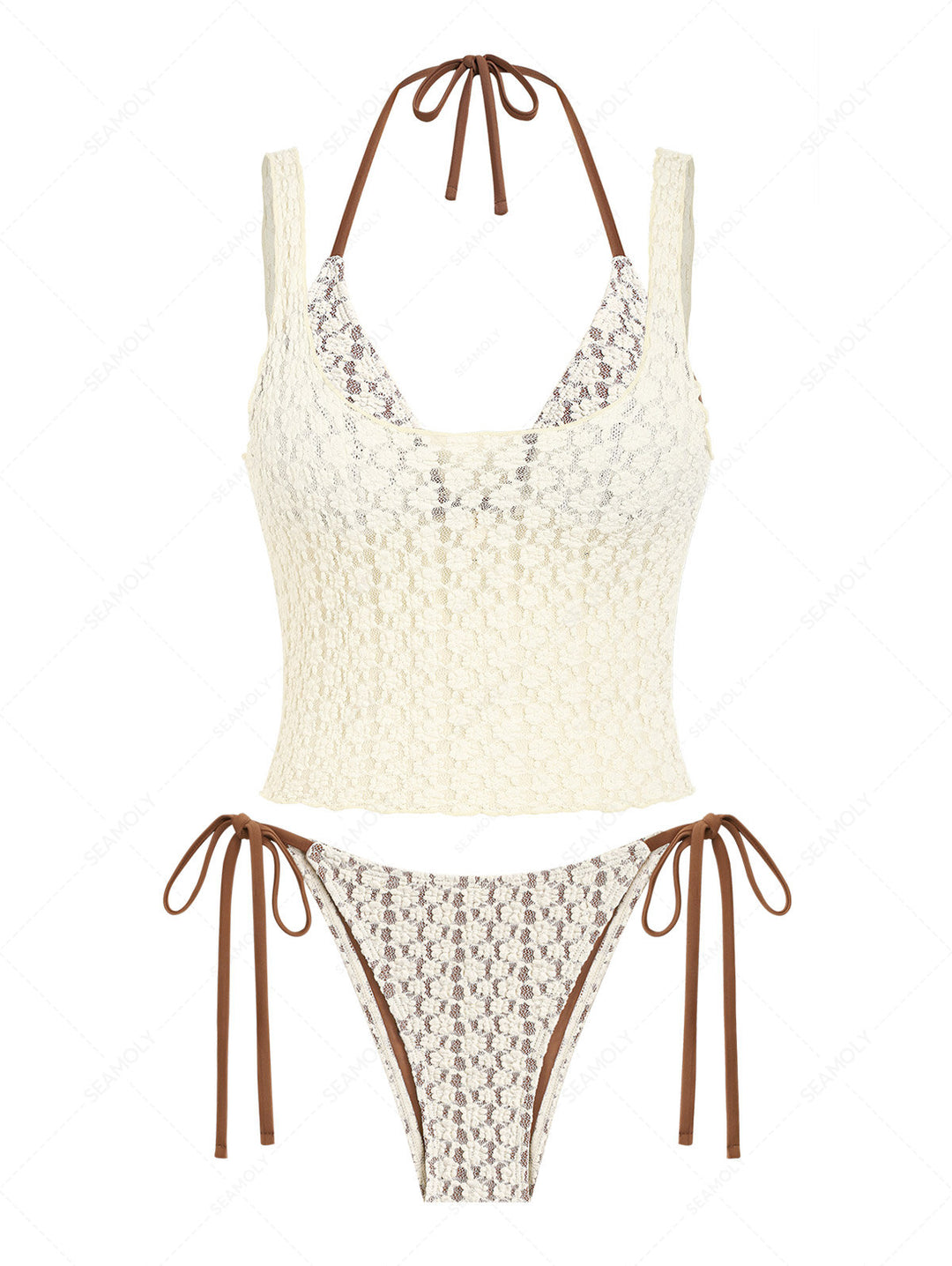 Seamolly 3 Piece Swimsuit - Lace Shell Decor Halter Triangle Bikini Set & Crop Tank Top